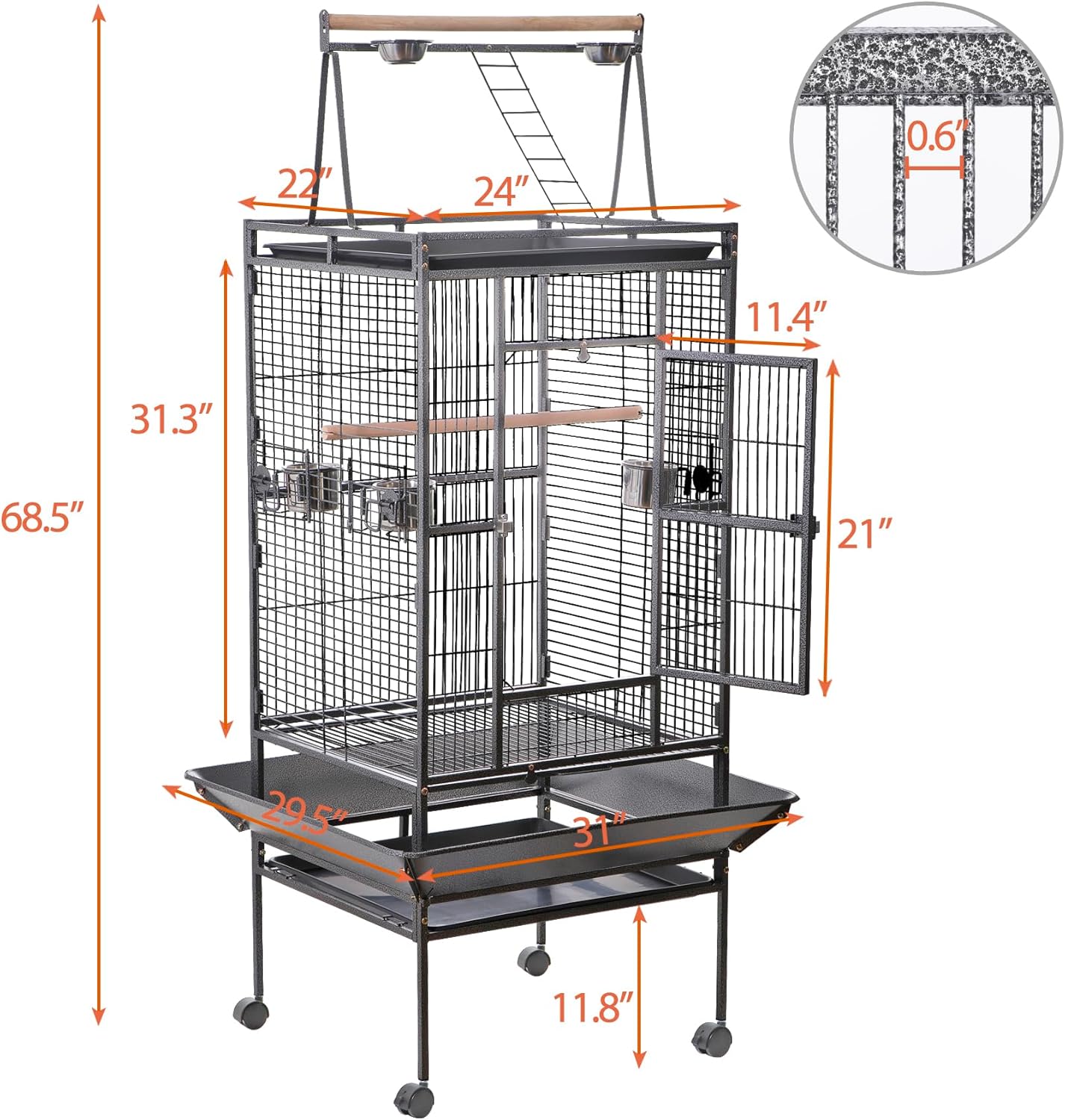 HSM 68 Inch Wrought Iron Large Bird Flight Cage with Rolling Stand for African Grey Parrot Cockatiel Sun Parakeet Conure Lovebird