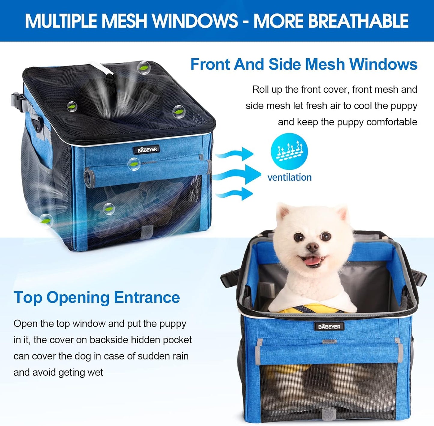 Dog Bike Basket, Soft-Sided Pet Bike Carrier with 4 Mesh Windows for Small Dog Cat Puppies - Blue