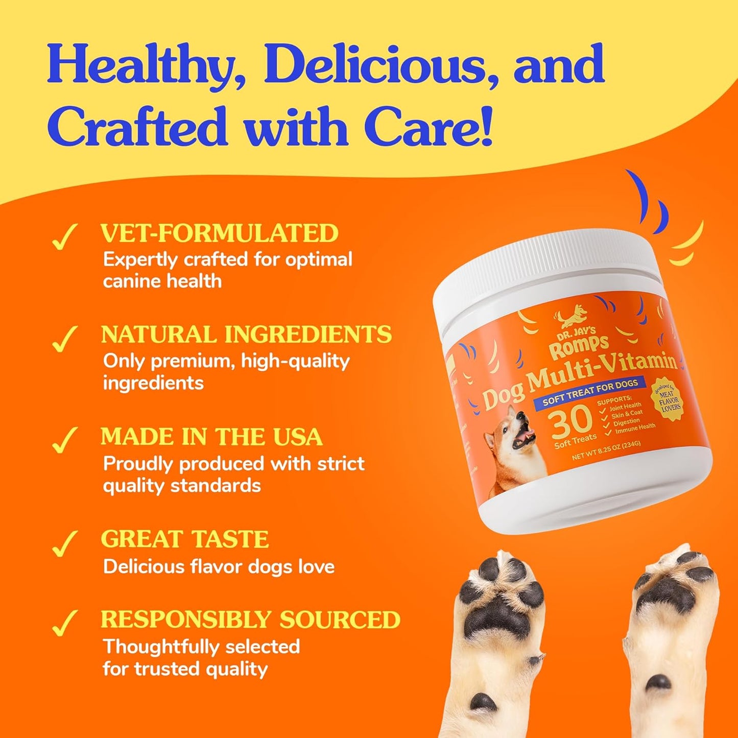 Dr Jay's Romps Multivitamins Dog Chews - Collagen Type II for Joint Health, Digestion, Skin & Coat - Vitamins and Supplements to Boost Immune System - Perfect Treats for Pets - 30 Count