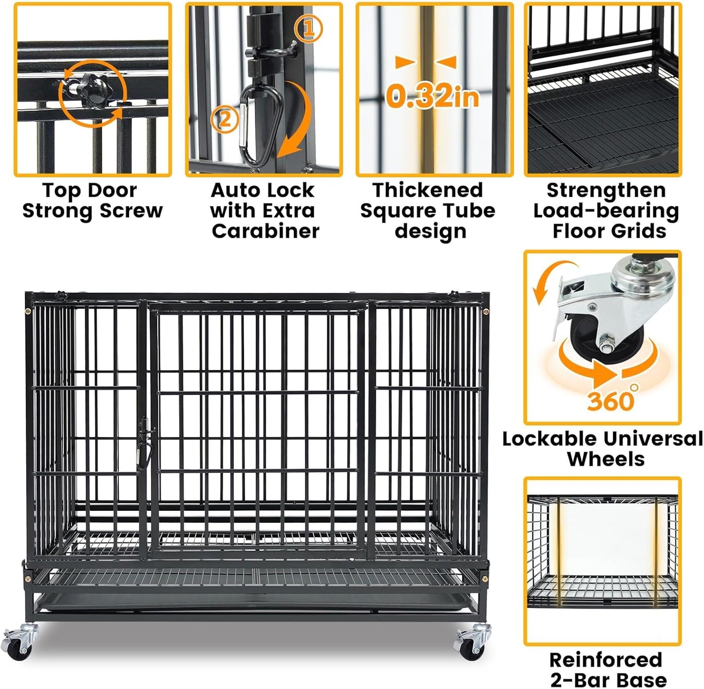 Stackable 36 Inch Dog Crate for Medium/Small Dogs, Heavy Duty Indestructible Dog Cage with Top Access & Lockable Wheels, Escape Proof Dog Kennel Indoor with Auto-Lock, Metal Grids & Leak-Proof Tray