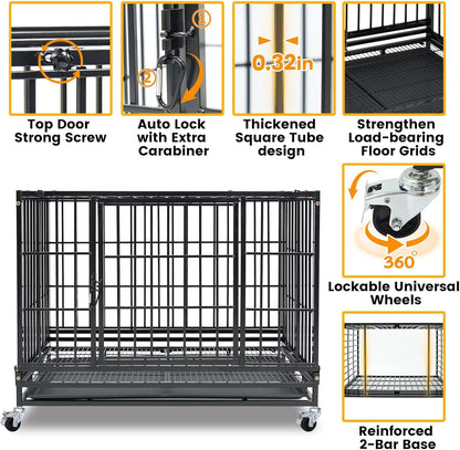 Stackable 36 Inch Dog Crate for Medium/Small Dogs, Heavy Duty Indestructible Dog Cage with Top Access & Lockable Wheels, Escape Proof Dog Kennel Indoor with Auto-Lock, Metal Grids & Leak-Proof Tray