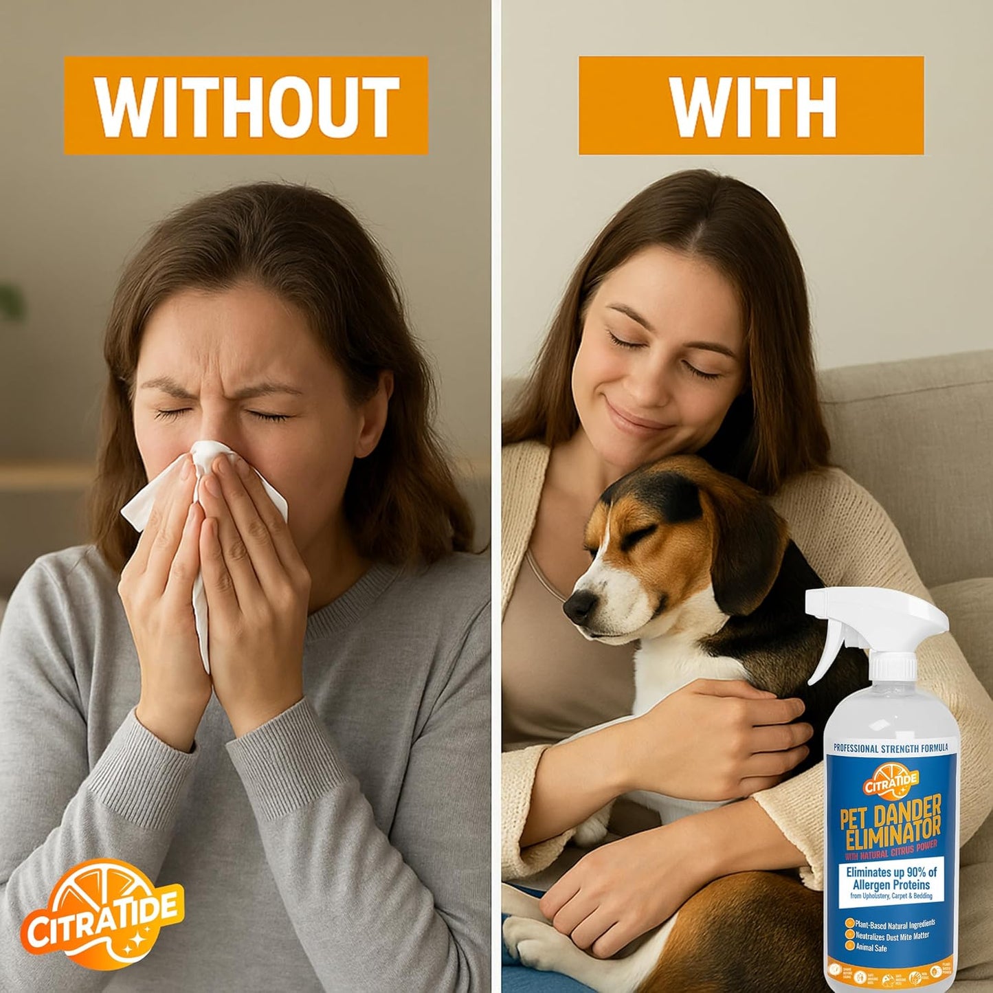 Dander Eliminator Spray – Plant-Based Pet Allergy & Dander Remover – Breaks Down Pet Dander, Dust Mites & Odors Naturally – Safe for Bedding, Furniture & Carpets – USA Made 32oz