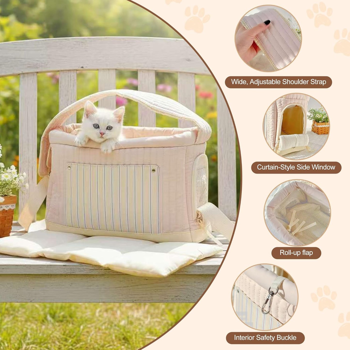 Stylish Quilted Dog Sling Carrier – Hands-Free Pet Shoulder Bag for Small Dogs & Cats, Breathable & Secure Travel Tote up to 10 lbs, Beige