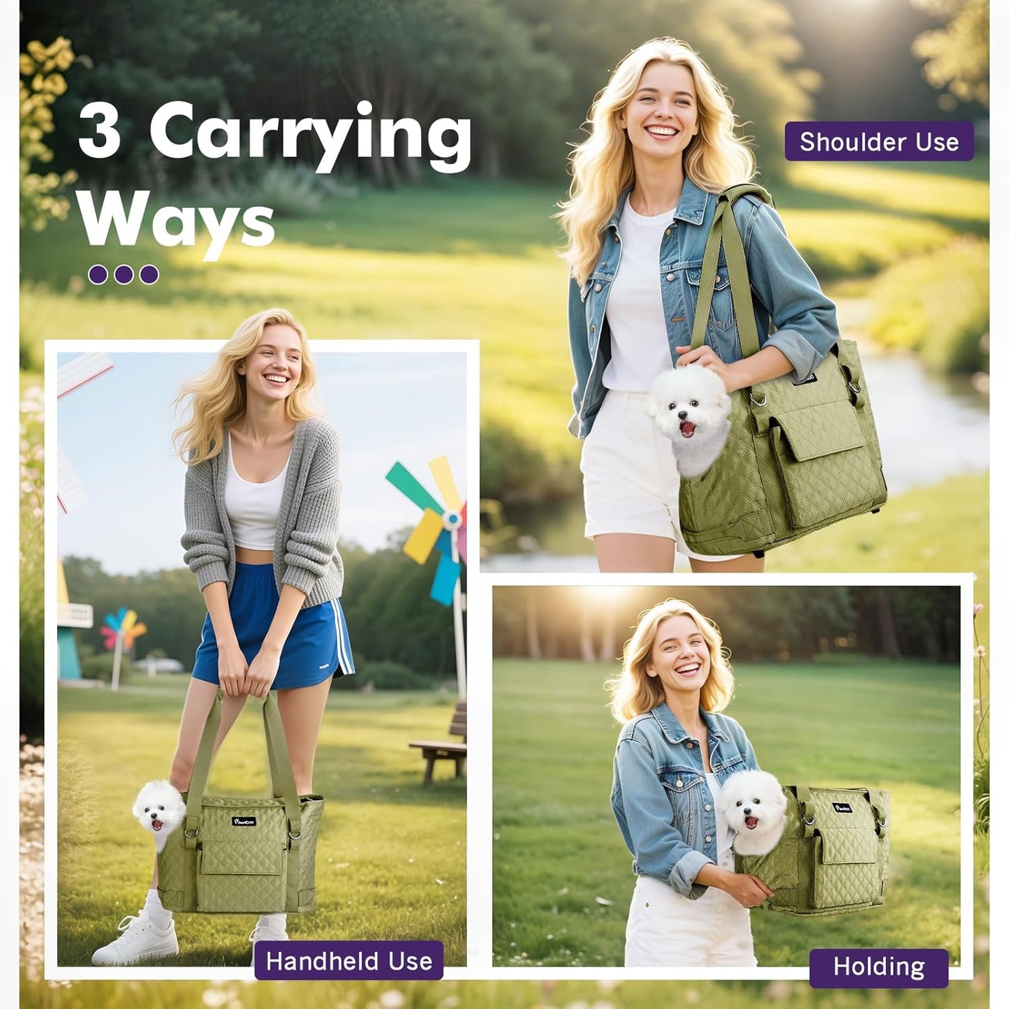 Pawaboo Dog Purse Carrier for Small Dogs with Pocket, Lightweight Dogs and Puppies Tote Bag Carrier, Dog Carriers Soft Sided for Puppy Cat Rabbit, Travel Puppy Carriers Under 11 LBS, Matcha Green