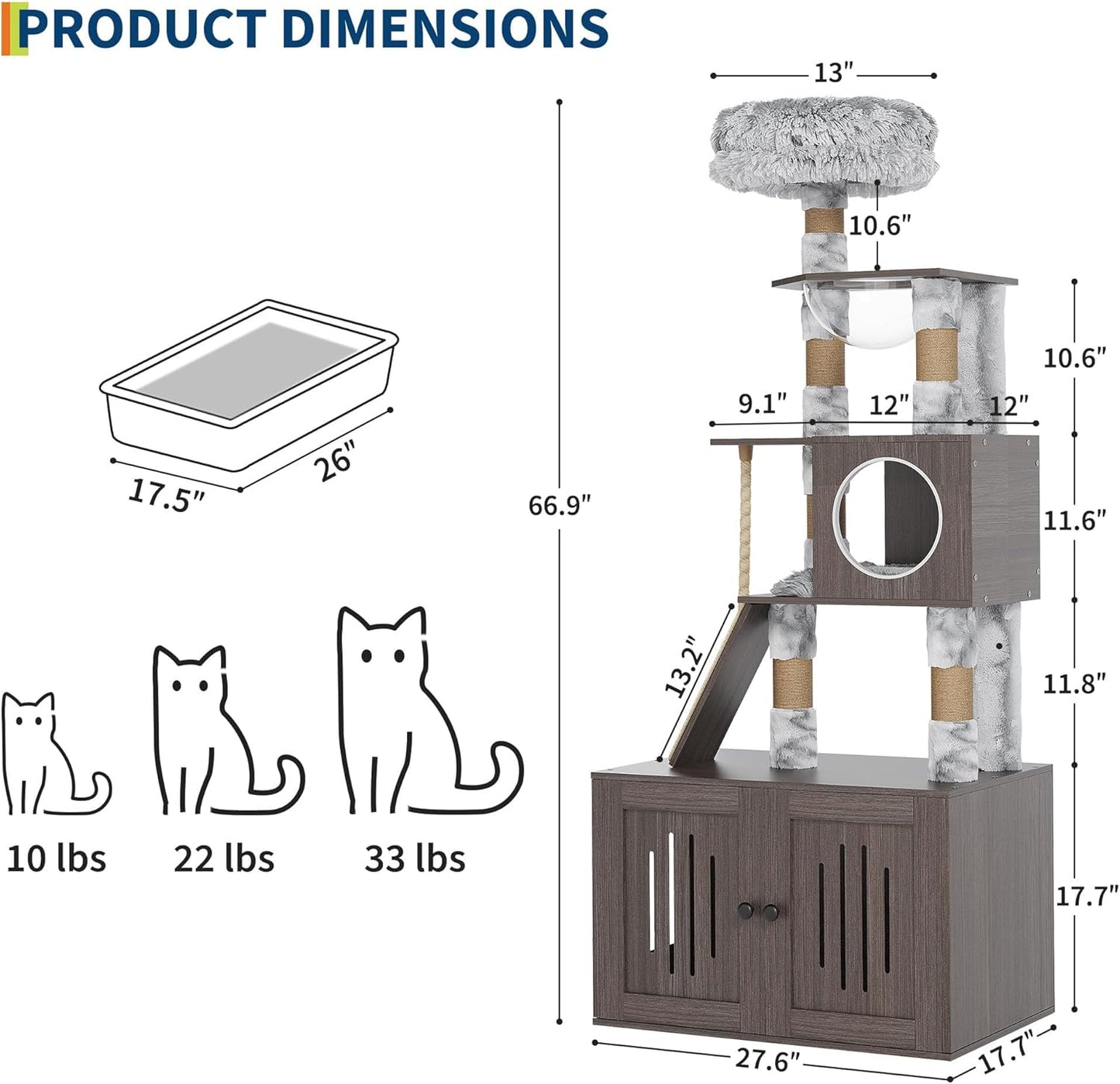 66.9-Inch Cat Tree Tower with Litter Box Enclosure, Multi-Level Cat Furniture Featuring Hammock and Washable Cushions, Indoor Cat Tower for Play, Rest, and Privacy