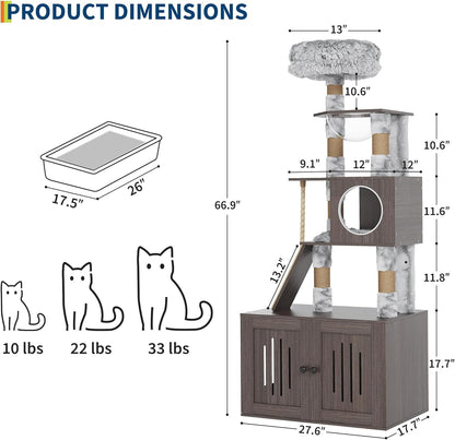 66.9-Inch Cat Tree Tower with Litter Box Enclosure, Multi-Level Cat Furniture Featuring Hammock and Washable Cushions, Indoor Cat Tower for Play, Rest, and Privacy