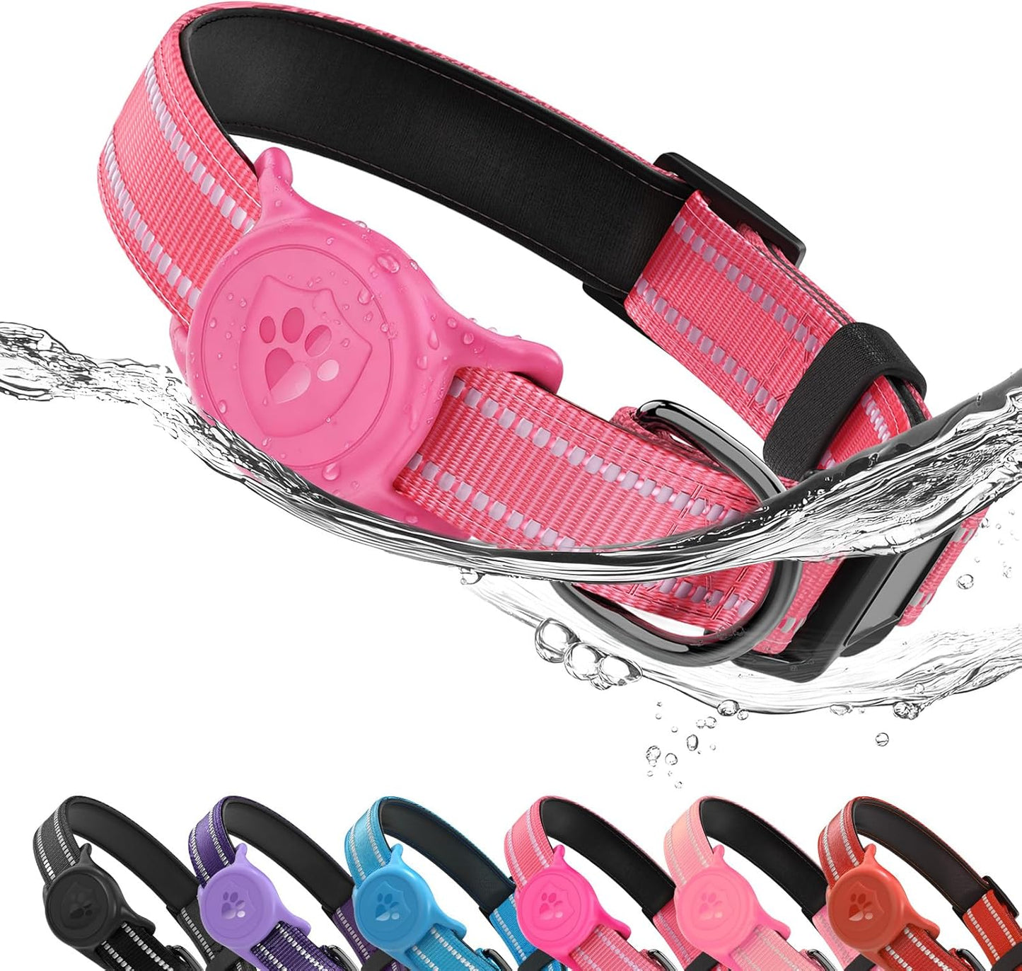 Airtag Dog Collar, Dog Collar with Airtag Holder Compatible for Apple Air Tag, Fit Circle Airtag Holder(Not Fit Other Shapes) for Large Dogs IP68 Waterproof(Rose Red,L)