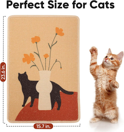 FUKUMARU Sisal Cat Scratching Mat, 23.6 x 15.7 Inch Natural Sisal Cat Scratch Pad Mats for Indoor Cats, Horizontal Cats Wall Scratcher Kitten Floor Rug with Sticky Tapes, Furniture Protector(Flower)