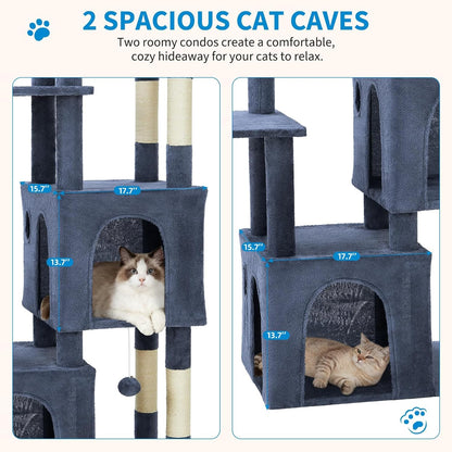 GarveeLife 61" Multi-Level Cat Tree for Indoor Cats, Heavy-Duty Tower for Large Adult & Maine Coon Cats with Oversized Perch, Dual Condos, Natural Sisal Scratching Posts & Play Toys – Blue