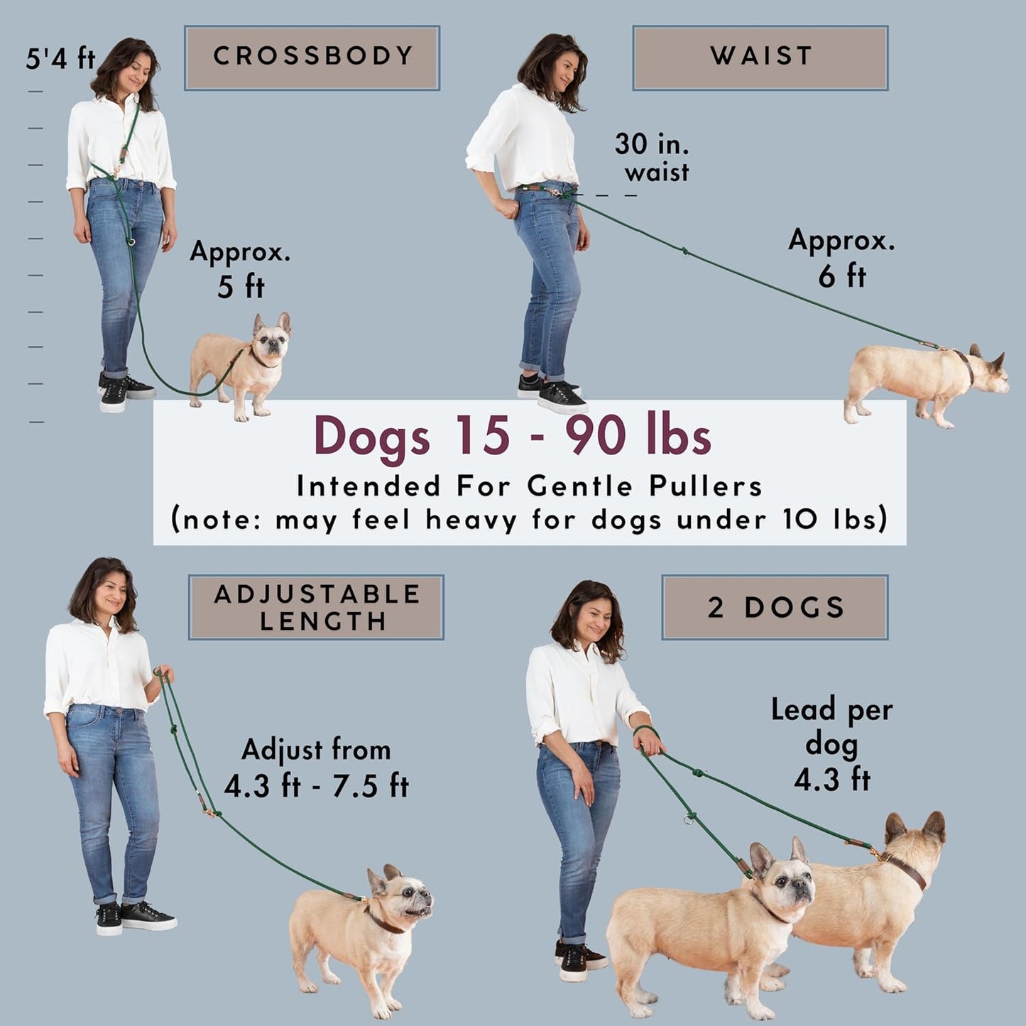 Hands Free Dog Leash, Waist Leash for Dog Walking, Running, Crossbody, Multifunctional, 2 Dogs, Dual Handle, Traditional Lead, Adjustable Lead 4.3ft - 7.5ft, 3/8" (10mm) Diameter.