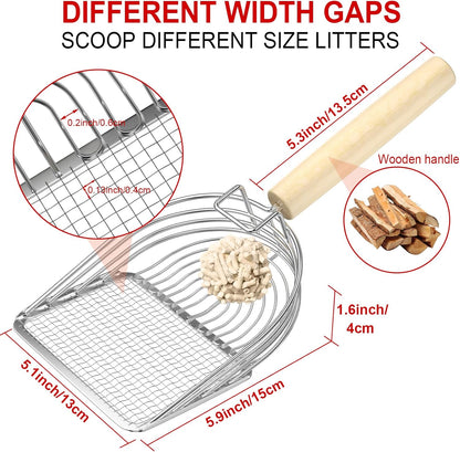Ownpets Iron Metal Cat Litter Scoop, Heavy Duty Kitty Litter Scooper & Speed Sifter to Catch Small & Large Clumps, with Eucalyptus Wood Handle, Non-Stick Deep Shovel for Effective cleanup