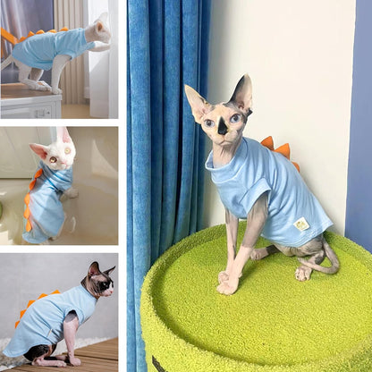 QBLEEV Sphynx Cat Clothes – Soft Cotton Dinosaur Shirt for Hairless Cats Only, Breathable Pet Daily Wear Apparel for Summer, Kitten Costume Pajamas for Indoor/Outdoor Use, XS-2XL