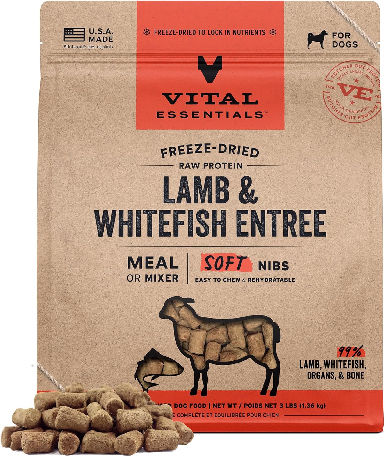Vital Essentials Freeze-Dried Raw Lamb & Whitefish Meal or Mixer Dog Food Soft Nibs | 99% Lamb, Whitefish, Organs & Bone| 3 lbs Big Bag
