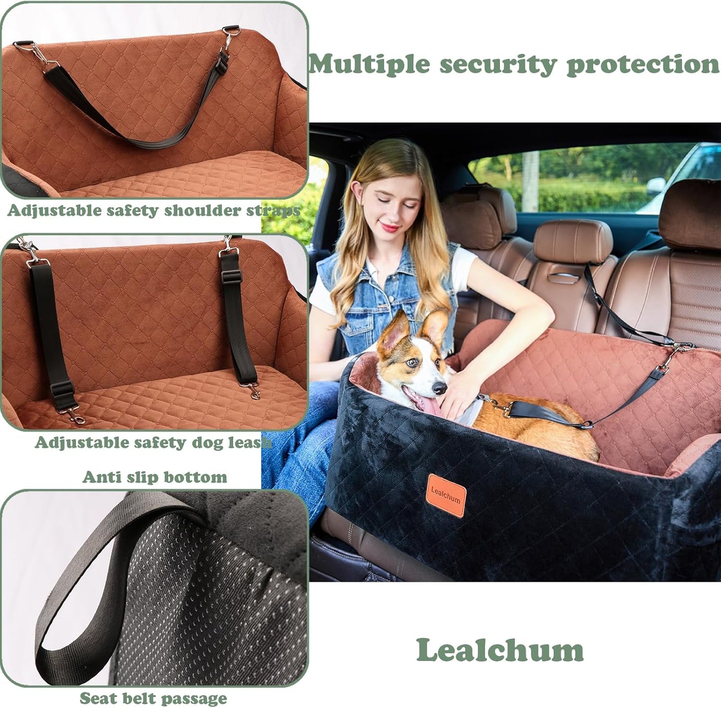 Dog Car Seat Up to 55lb,2 Clip-On Safety Adjustable Leashs Car Dog Bed for 2 Small Dogs,Fully Detachable and Washable Pet Car Seat with 2 Storage Pockets,Easy to Install(Black/Grey, Large)