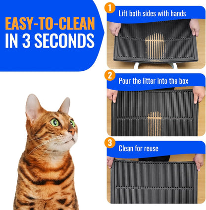 Easy Clean Litter Mat: Grooved Design Large Litter Trapping Mat Easy to Clean – Urineproof Surface Cat Box Rug with Raised Edges for Cats with Urinary Issues (Black, 31”x24”)