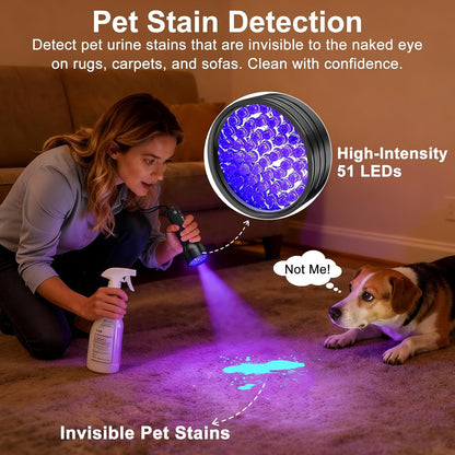 Vansky UV Flashlight Black Light, 51 LED Blacklight Pet Urine Detector for Dog/Cat Urine, Dry Stains, Bed Bug, Resin Curing, Scorpions Finder