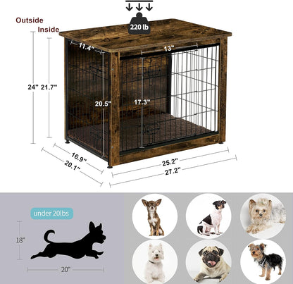 DWANTON Dog Crate Furniture with Cushion, Wooden Kennel Table with Double Doors, Indoor Dog House, Small/Medium/Large/Extra Large Size, 27.2" L, Rustic Brown