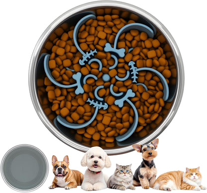 2 in 1 Slow Feeder Dog Bowl with Removeable Silicone Feeder Insert, Stainless Steel Pet Bowl, Non-Slip Rubber Base for Small Medium Dog Cat (3.2 Cups)