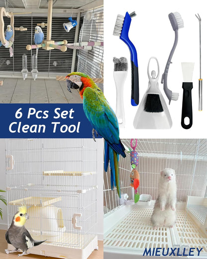Upgrade 6PCS Cage Cleaner Set,2-in-1 Stainless Steel Pet Cage Brush,Bird Poop Remover,Dual Head Brush,Long Handle Scraper,Small Animals House Cleaning Accessories,Mini Dustpan and Broom Set (6PCS-1)