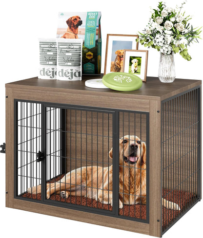 Greesum Modern Dog Crate Furniture That Doubles as a Side Table - Sturdy Wooden Kennel with Front & Side Door Access, Plush Cushion & Chew-Resistant Design for All Dog Sizes