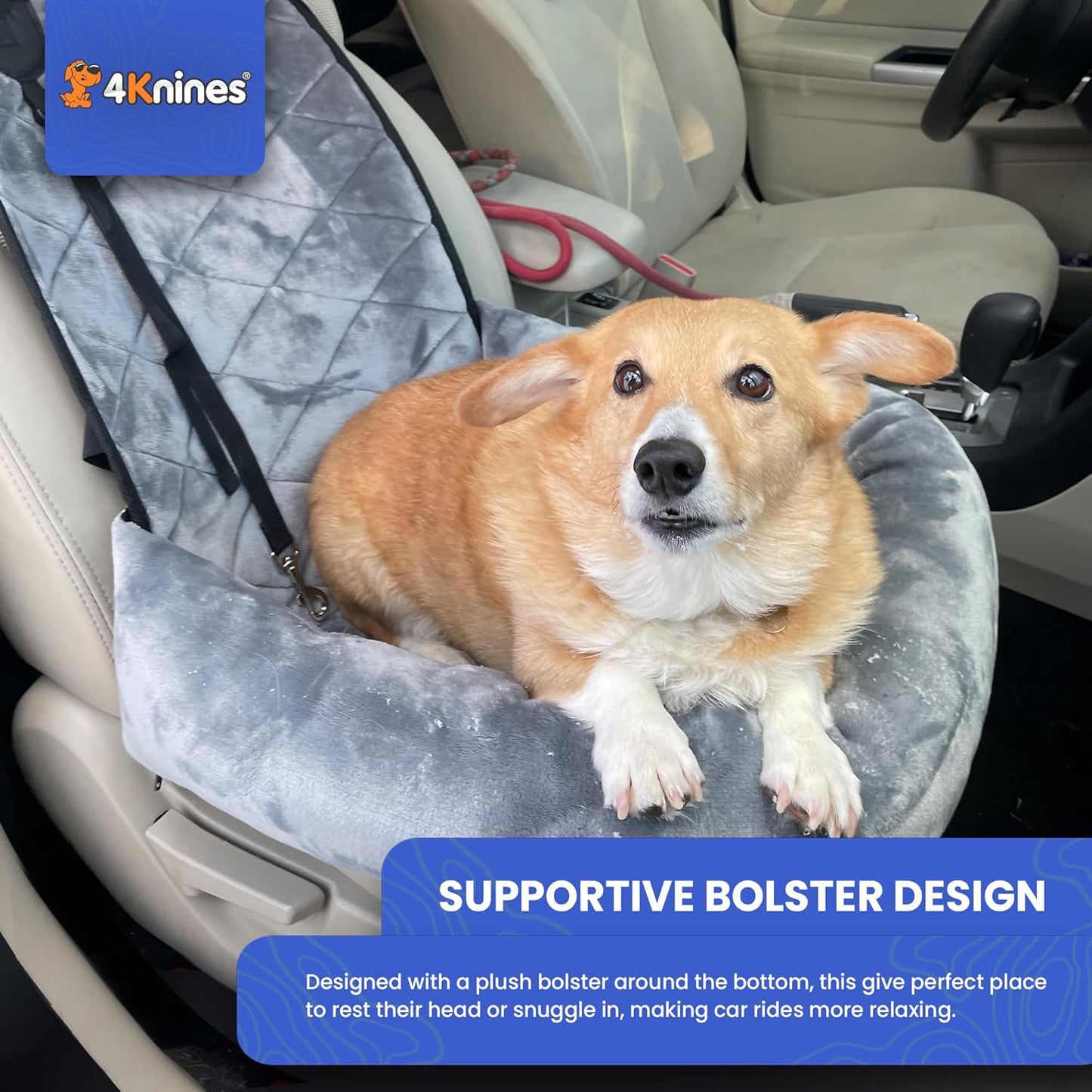 4Knines Dog Car Seat – Plush Travel Bed for SUVs, Trucks & Sedans – Comfortable, Supportive & Secure Ride for Small and Medium Dogs – Washable, Non-Slip Bottom, UV-Resistant Straps & Clips - Grey