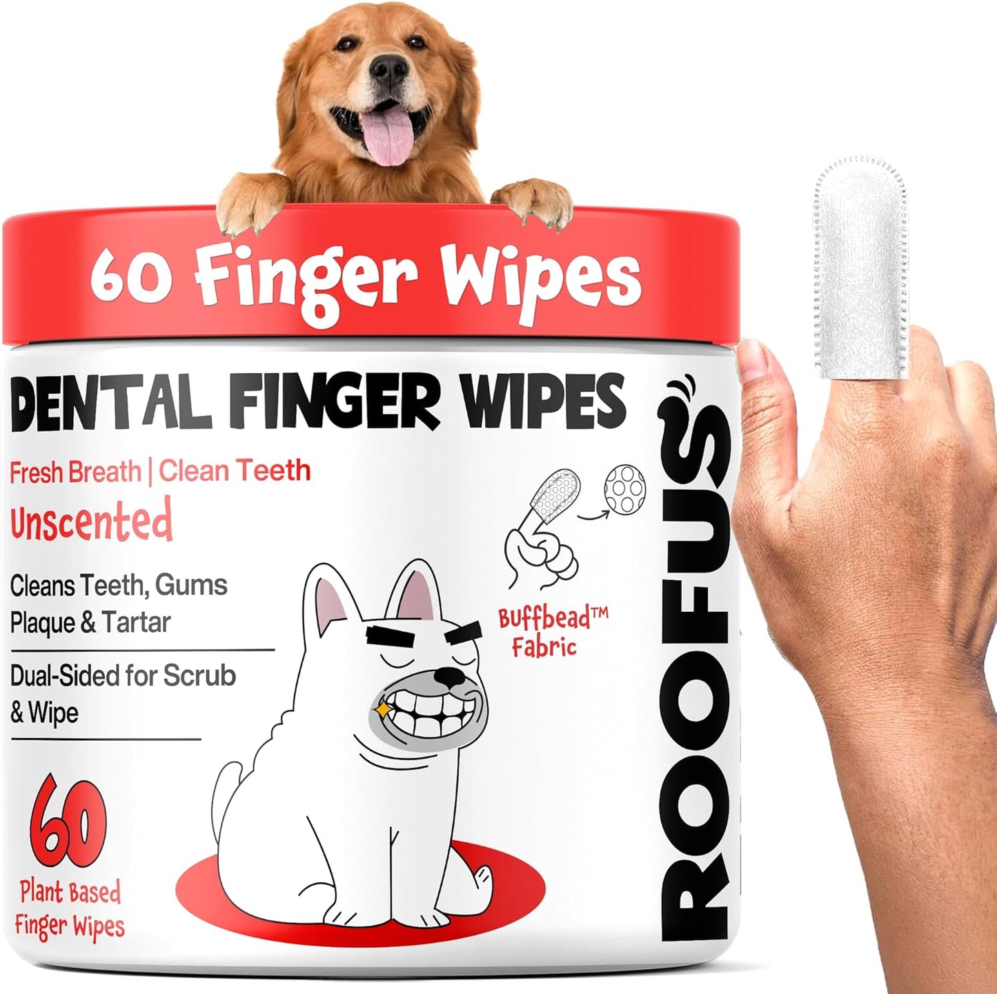 Dog Teeth Cleaning Wipes 60 Packs - Fragrance-Free Dental Wipes to Reduce Plaque & Tartar for Dogs & Cats - Pet Dental Wipes for Oral Freshness