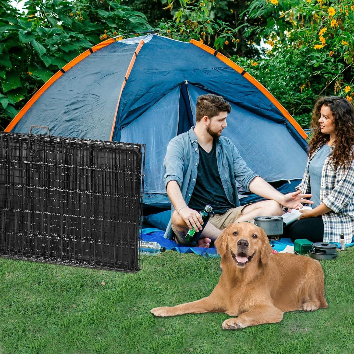 Dog Crate - Extra Large 48 Inch Double Door Portable Dog Cage, Metal Wire Pet Kennel with Secure Lock, Leak-Proof Pan Tray, Foldable Design for Dogs Pets Indoor Training and Outdoor Trave