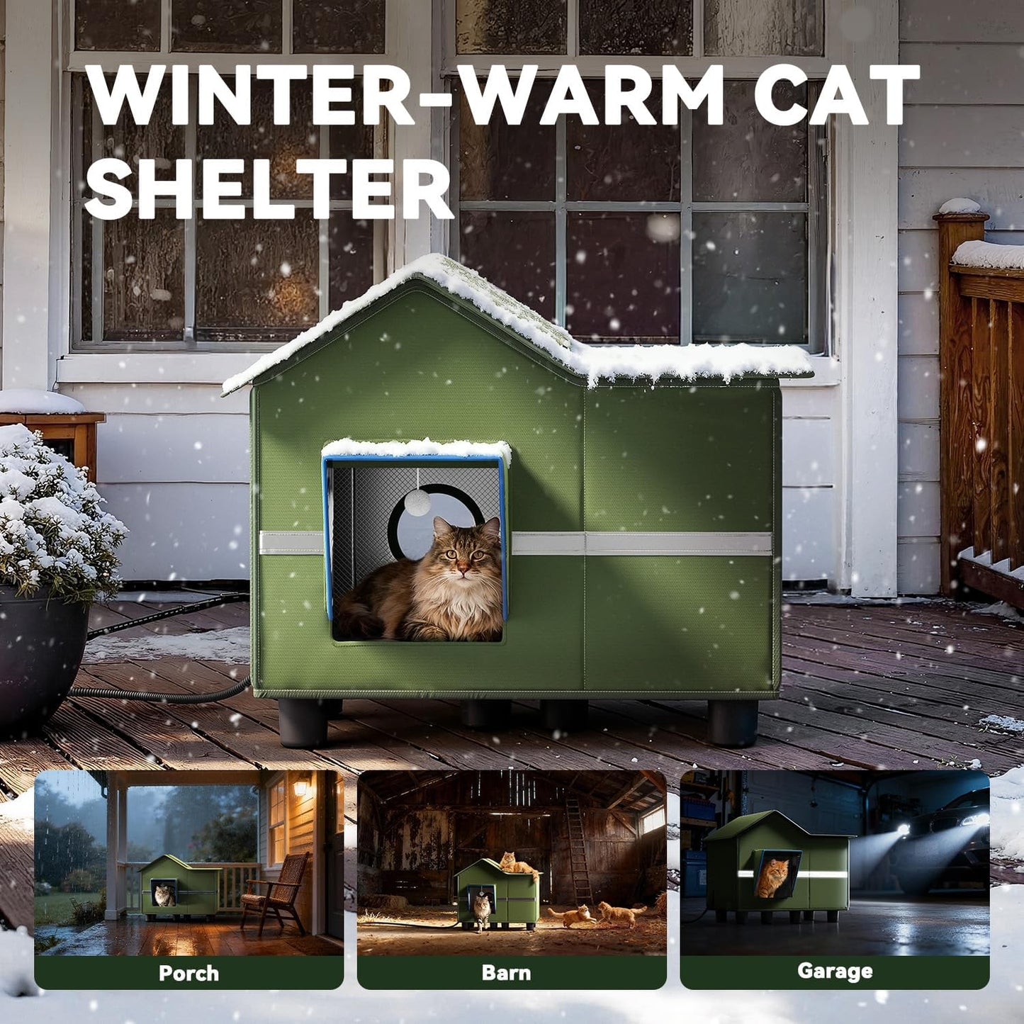 Heated Cat Shelter for Outside, Large Outdoor Cat House with Roof Window and Cozy Cushion, Weatherproof Foldable and Easy Assembly Design, Ideal for Stray and Feral Cats