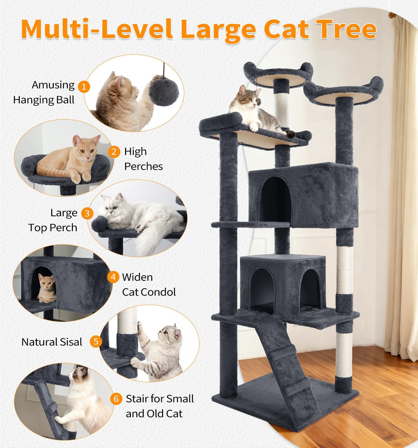 Made4Pets Cat Tree Tower 70in Cat Tower for Indoor Cats Kitten Tree Multi-Level Cat Tree with 2 Condo Furniture Activity Center with Scratching Posts Funny Toys Kittens Pet Play House, Grey