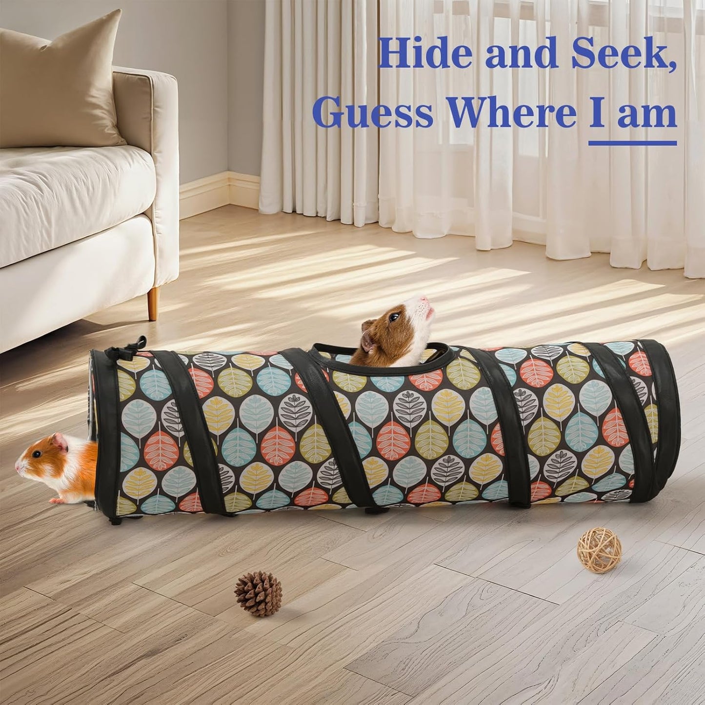 Pawaboo Small Pet Straight Tunnel, 23.6in Guinea Pig Tunnels and Hamster Tubes, Collapsible Small Animal Hideout with Interactive Bell and Balls, for Hamsters Guinea Pigs Rabbits Ferrets Chicks,Leaves