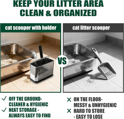 XIAOXINGYUN Stainless Steel Cat Litter Scoop, Metal Cat Litter Scooper with Holder, Heavy-Duty Cat Scooper with Coarse and Fine Grids for Quick Screening and Easy Cleaning