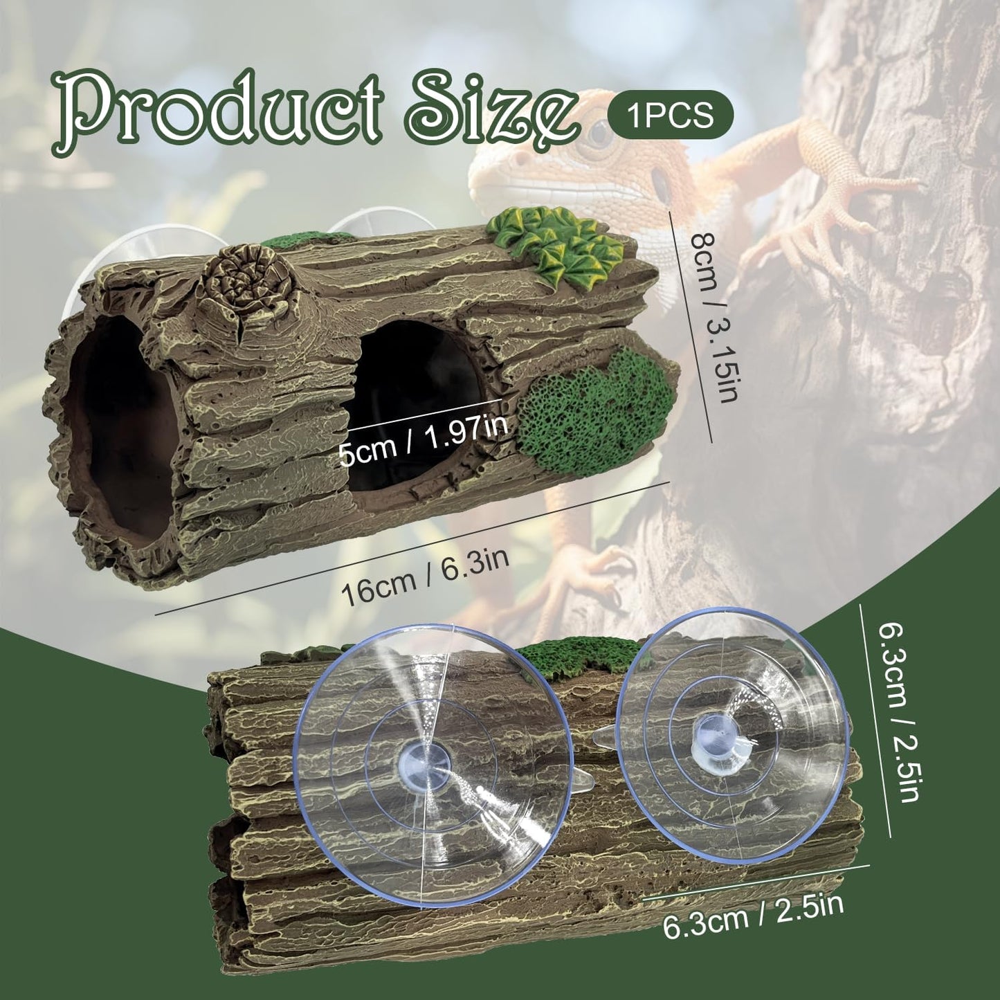 Reptile Hide, Resin Hollow Log Cave with Two Strong Suction Cups,Gecko Tank Accessories Climbing Toy– Climbing Decoration and Hideout for Lizards, Geckos, Snakes, Hermit Crabs, and Frogs