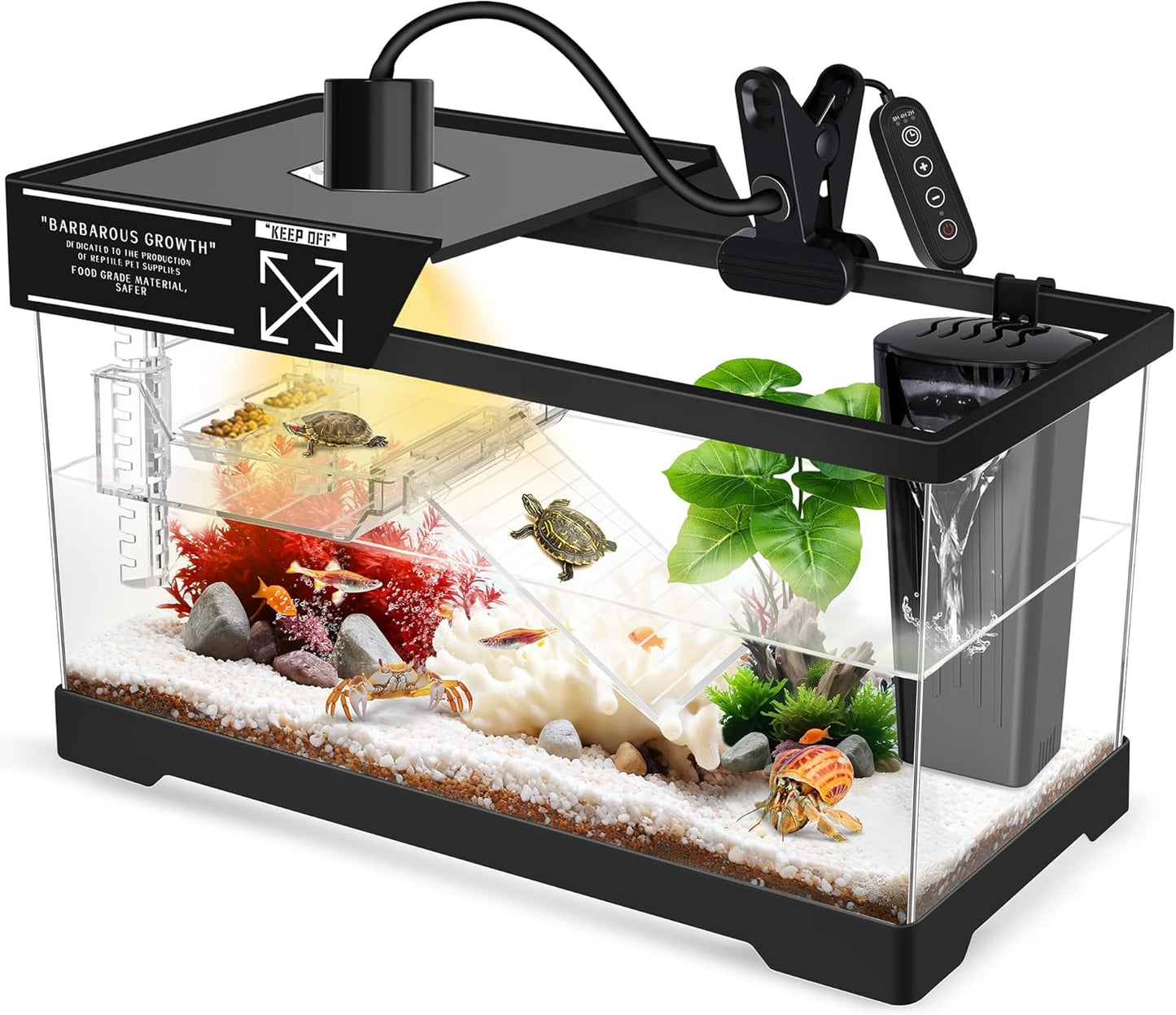 GOZILLA Aquatic Turtle Tank+Lamp+Filter Kit, Upgrade PC Turtle Tank Starter Kit with Adjustable 360°Lamp & Filter,Reptile Habitat Lid,Hanging Platform for Small Reptiles.(15.75×7.9×9''/Black)