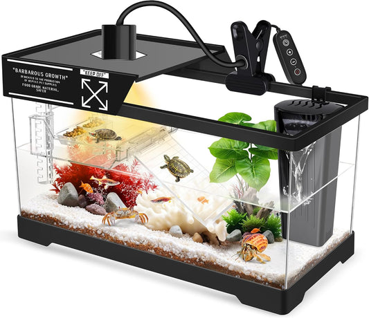 GOZILLA Aquatic Turtle Tank+Lamp+Filter Kit, Upgrade PC Turtle Tank Starter Kit with Adjustable 360°Lamp & Filter,Reptile Habitat Lid,Hanging Platform for Small Reptiles.(15.75×7.9×9''/Black)