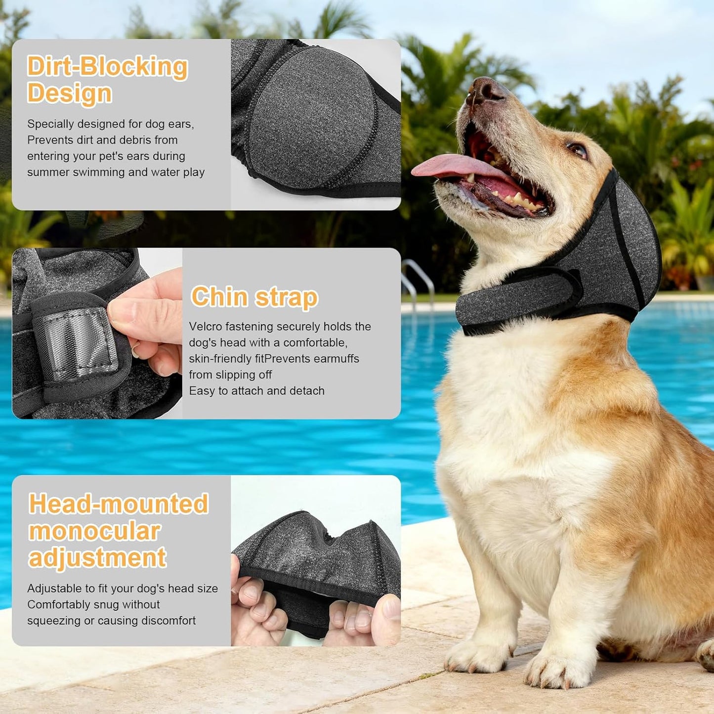 Dog Ear Muffs,no Flap Ear Wraps for Dogs,Dog Ear Covers for Bath,Drying Swim Noise Ear Protection for Dogs for Fireworks Traveling(Grey,L)