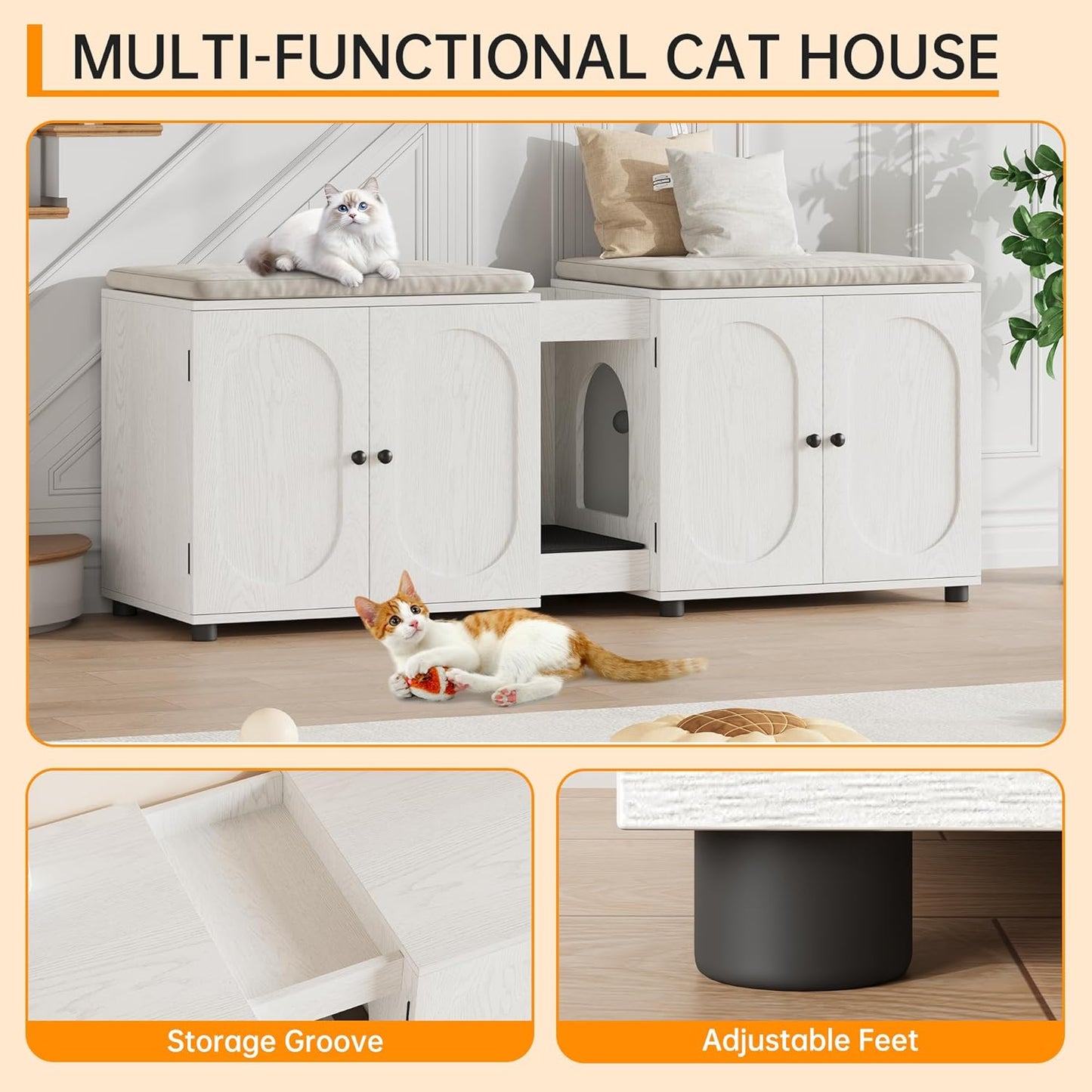 55" Double Cat Litter Box Enclosure for 2 Cats, Modern Self Cleaning Extra Large Hidden Cat Litter Box Furniture, Front Entry, Wooden Hidden Cat Washroom, Side End Table, Cat House, TV Stand