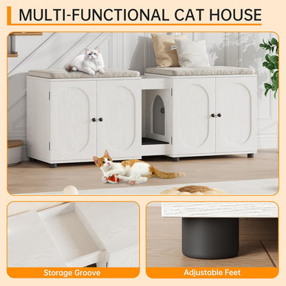 55" Double Cat Litter Box Enclosure for 2 Cats, Modern Self Cleaning Extra Large Hidden Cat Litter Box Furniture, Front Entry, Wooden Hidden Cat Washroom, Side End Table, Cat House, TV Stand