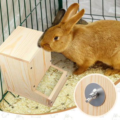 Maxcheck Wooden Rabbit Feeder for Cages, Automatic Small Animal Food Dispenser with Lid, Wood Chicken Grit Oyster Shell Feeders Outside, for Rabbits Ferrets and Other Small Pet Animals