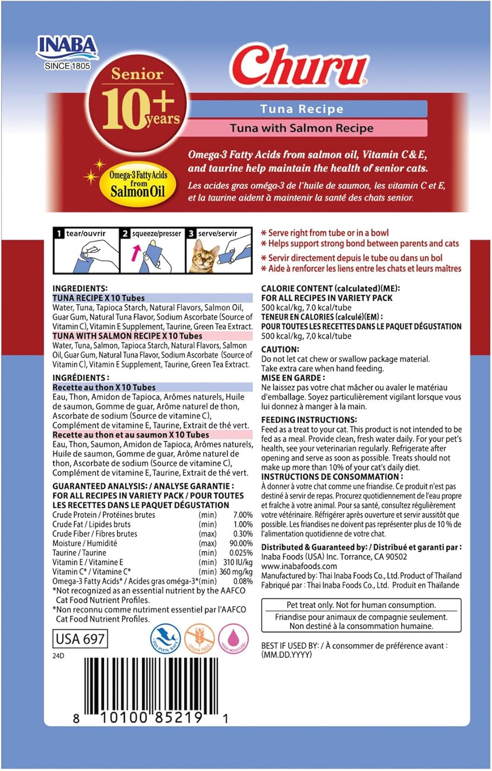 INABA Churu for Senior 10+, Creamy Lickable Cat Treats with Taurine, Vitamin E & C, 0.5 Ounces Each, 20 Tubes, Tuna Variety