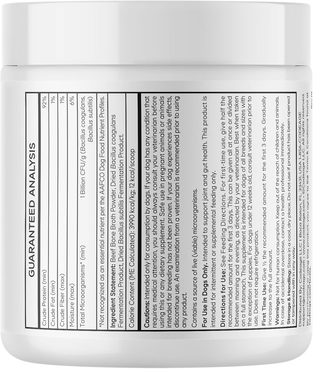Beef Bone Broth Powder for Dogs Supplement – Grass-Fed Beef with Canine Probiotics (Bacillus coagulans & Bacillus subtilis) - Canine Joint & Gut Wellness Support – All Breeds & Sizes – 3.17 oz