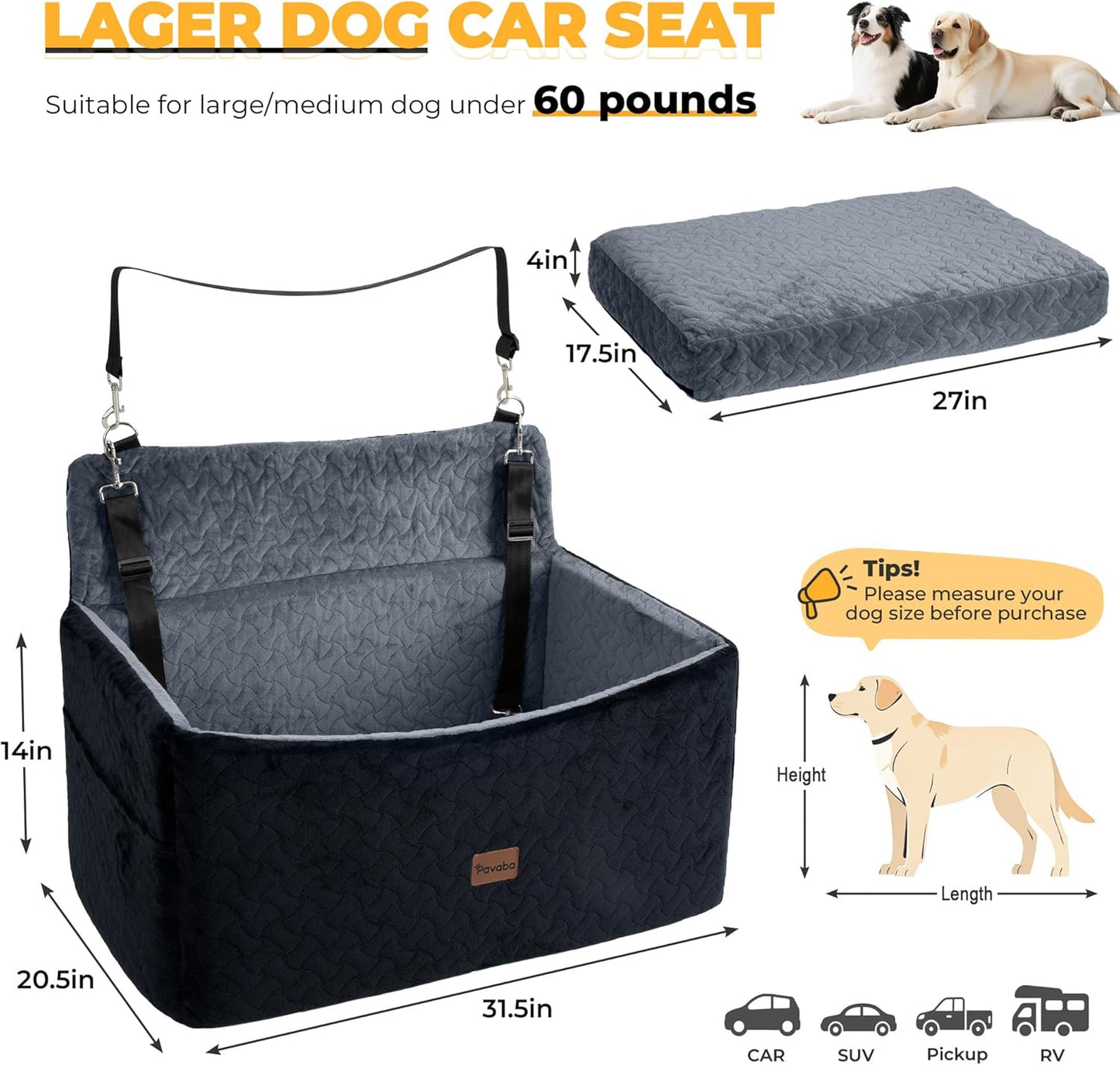 Dog Car Seat for Large Medium Dogs up to 60 lbs – Elevated Dog Booster Seat for Cars with Extra-Safe 14in High Front, Memory Foam Cushion, Washable Cover, Backseat Pet Car Bed (Black/Grey)