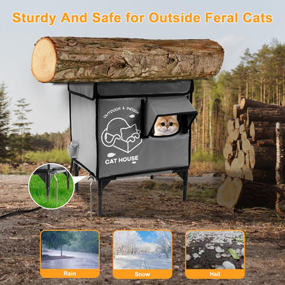 Cat House Outdoor, Indestructible Elevated Feral Cat Shelter Weatherproof with Escape Door,Outside Waterproof Insulated Strayed Cat House for Winter(Gray)