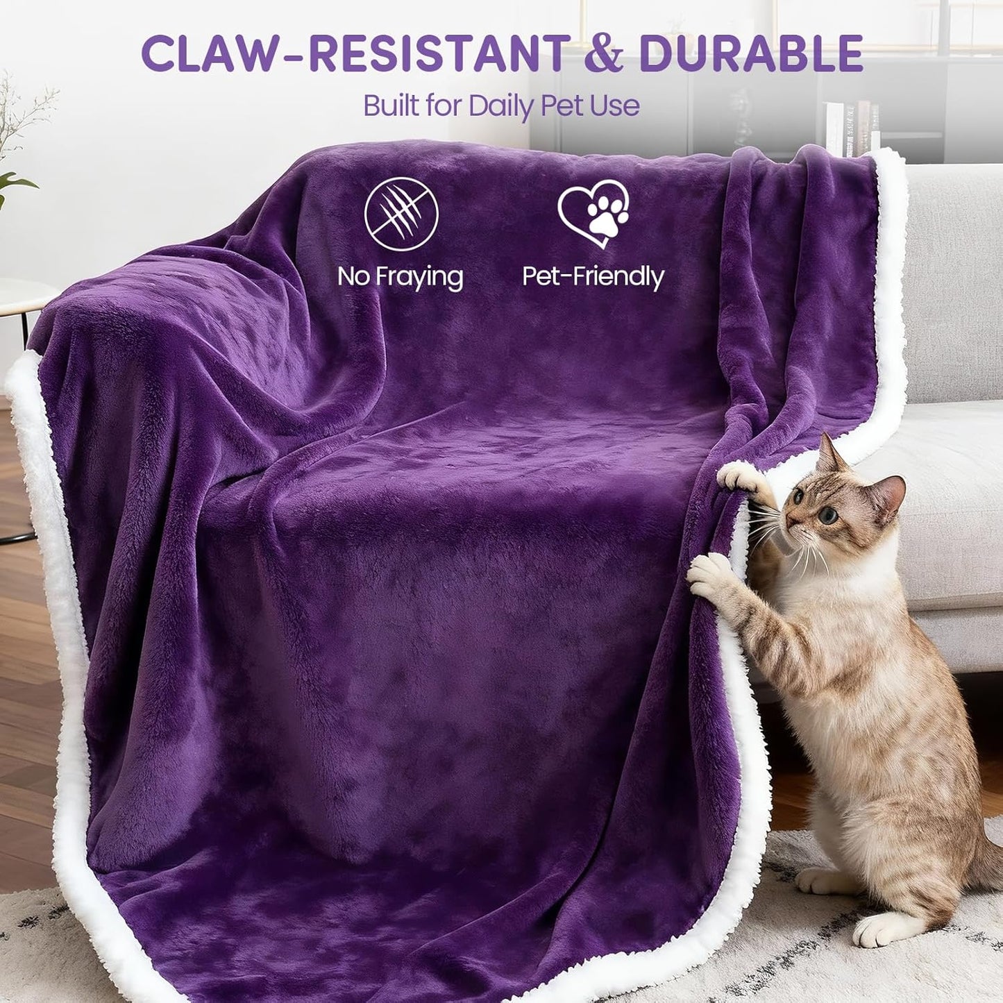 Waterproof Dog Blanket for Couch Bed – Double-Sided Washable Cat Puppy Blanket, Pet Throw Soft, Warm, Durable, Protective Furniture Cover, Purple White XL(80×60)"