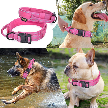 AUBELL Reflective Tactical Dog Collar,Adjustable Military Heavy Duty K9 Collars with Handle and Quick Release Metal Buckle Great for Large Dogs, with Airtag Case and 2 Patches (Pink,L)