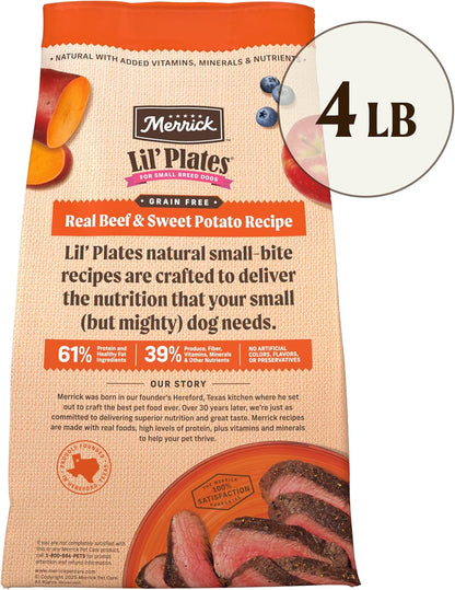 Merrick Lil’ Plates Premium Grain Free Dry Dog Food For Small Dogs, Real Texas Beef And Sweet Potato Kibble - 4.0 lb. Bag