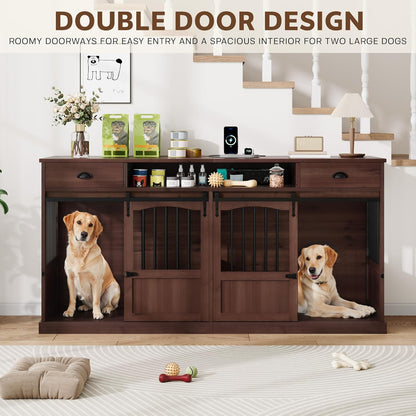70.86" Double Dog Crate Furniture with Storage for 2 Medium Large Dogs Farmhouse Wooden Dog Kennel Furniture with 2 Sliding Doors Divider & Power Outlets Decorative Dog Cage TV Stand, Brown