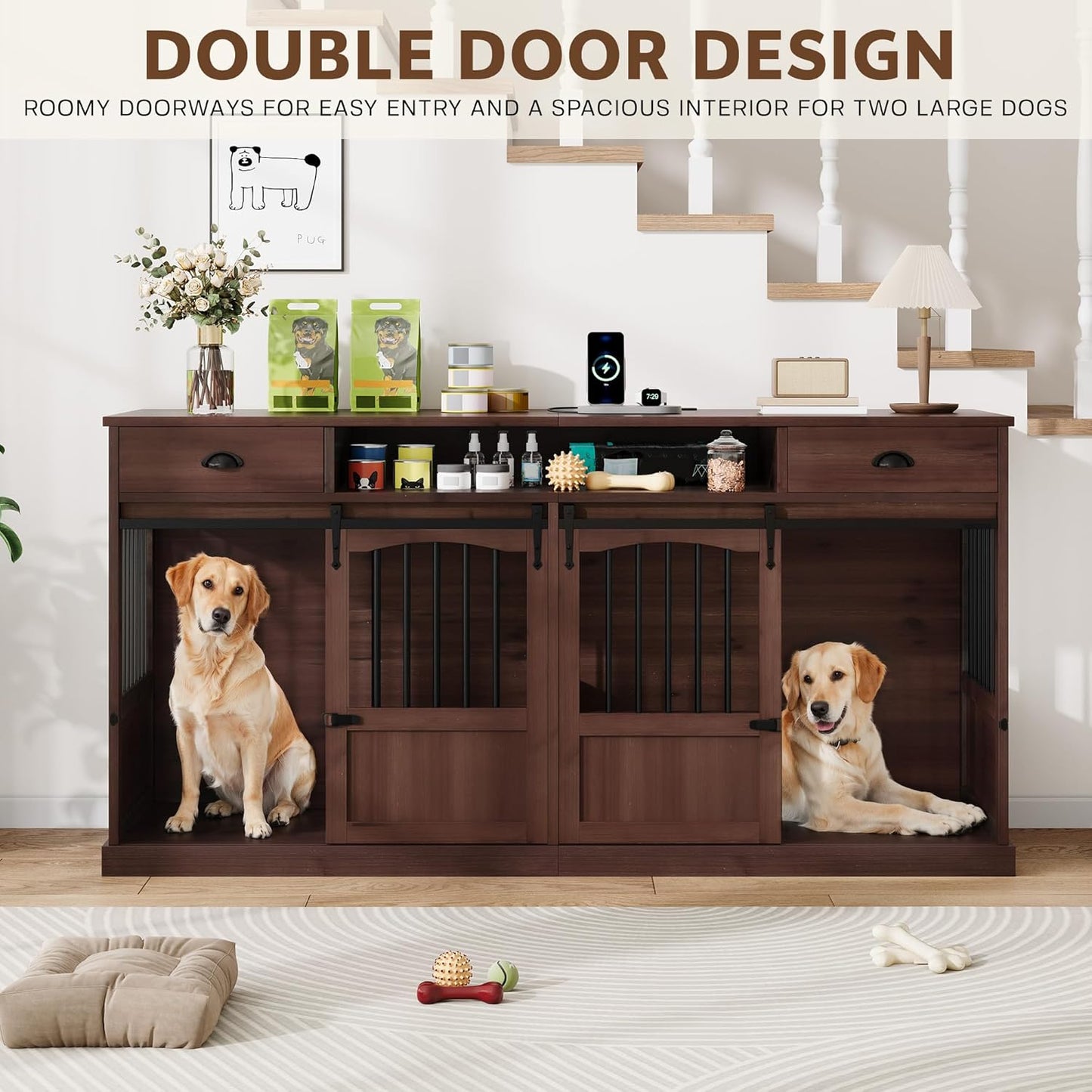 70.86" Double Dog Crate Furniture with Storage for 2 Medium Large Dogs Farmhouse Wooden Dog Kennel Furniture with 2 Sliding Doors Divider & Power Outlets Decorative Dog Cage TV Stand, Brown