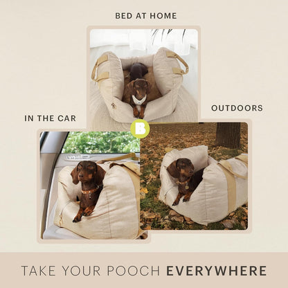 Bonnie Beds Dog Car Seat for Small Dogs – Comfortable & Secure Travel Dog Bed with Safety Leash – Adjustable Booster Seat for Yorkie, Pomeranian & More (Beige)