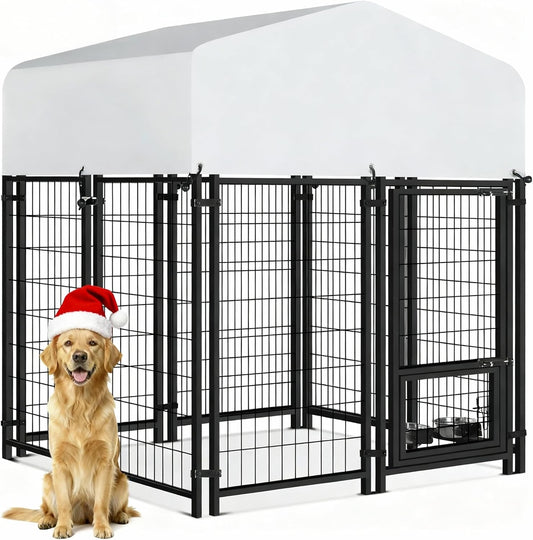 Oranland 4x4x5FT Dog Kennel Outdoor for Medium/Small Dogs, Welded Wire Outside Dog Pen, Anti-Rust Dog Run with Secure Lock/UV-Resistant Waterproof Roof/Swivel Stainless Steel Feeding Bowls