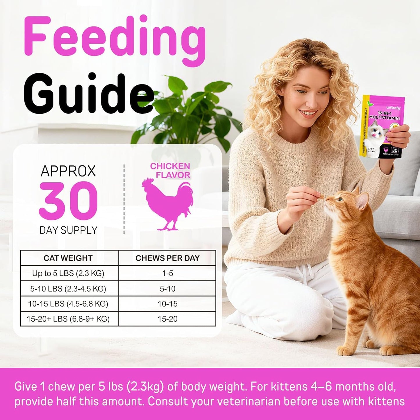 Cat Vitamins Chews, 15 in 1 Cat Multivitamin Treats for Health, Immune, Joint Support, Skin & Coat, & Digestion, Vitamins with Taurine, Omega-3s & Probiotics, Chicken (30 Day Supply)